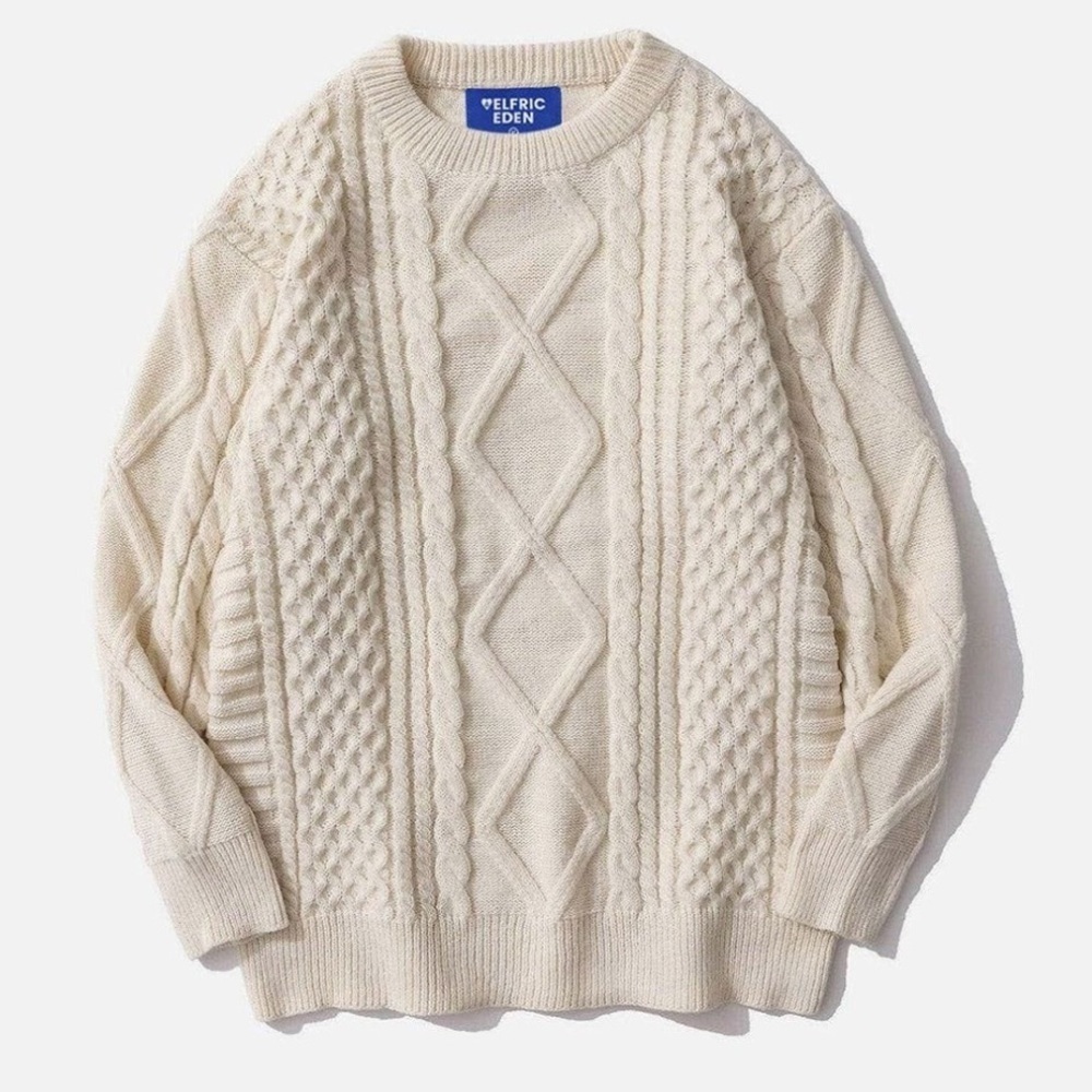 Elfric Eden Cream Cable‎ Knit Sweater Fishermen Crew Neck Unisex Medium